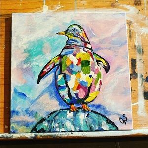 Colorful Penguin painting! 12x12 on canvas!
